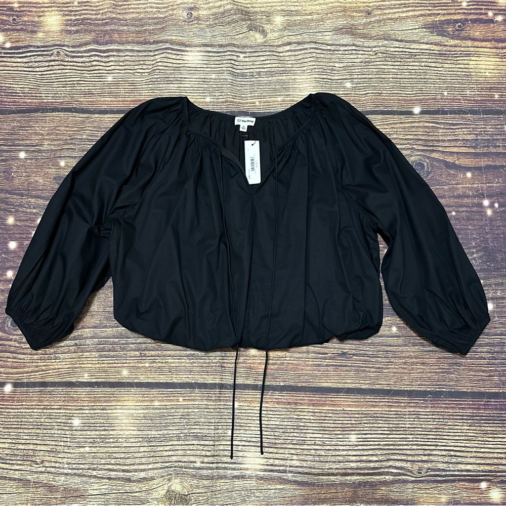 The Drop Shirred Neck Bubble Hem Black Top. Size XL. NWT.